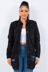 American Bazi Distressed Long Sleeve Denim Jacket - Trendy Button-Up Design